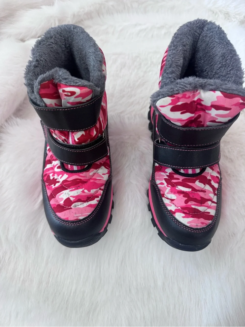 Kids Pink Camo Insulated Snow Boots with Faux Fur Lining